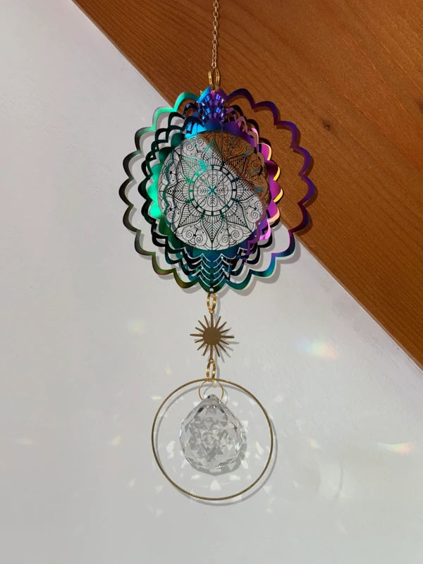 Attrape-soleil fleur de vie colorée et cercle doré et cristal – Suncatcher fait main