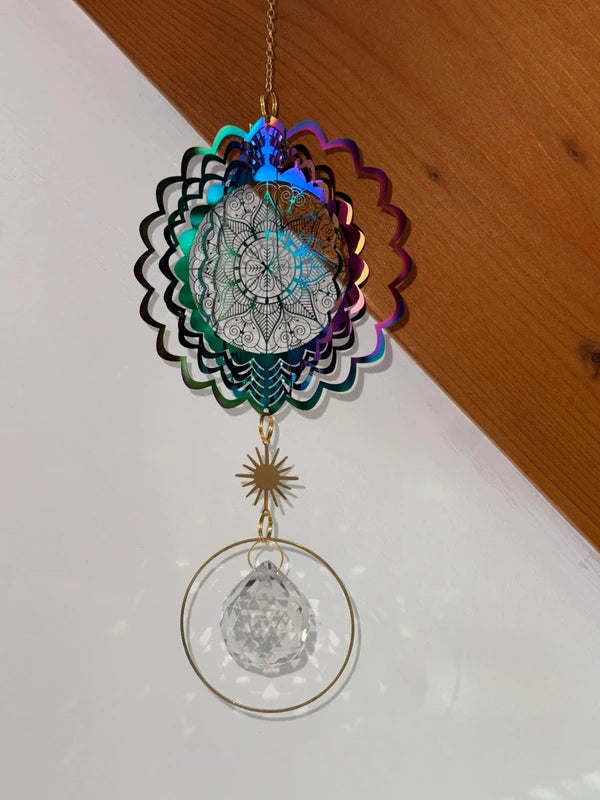Attrape-soleil fleur de vie colorée et cercle doré et cristal – Suncatcher fait main