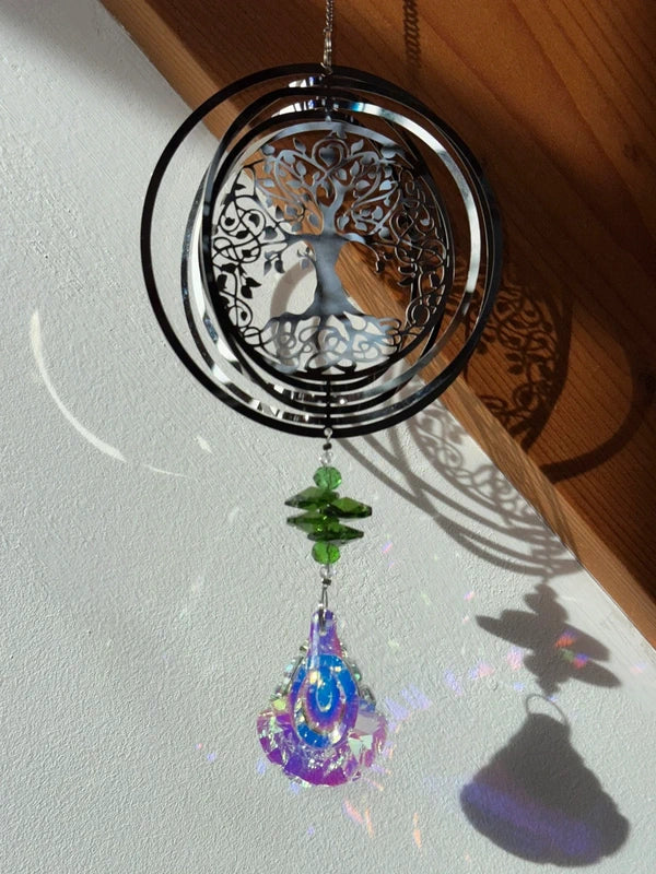 Attrape-soleil arbre de vie et prismes verts en cristal – Suncatcher fait main décoration fenêtre lumineuse zen