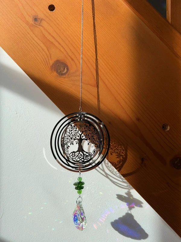 Attrape-soleil arbre de vie et prismes verts en cristal – Suncatcher fait main décoration fenêtre lumineuse zen
