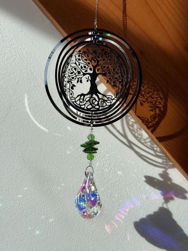 Attrape-soleil arbre de vie et prismes verts en cristal – Suncatcher fait main décoration fenêtre lumineuse zen