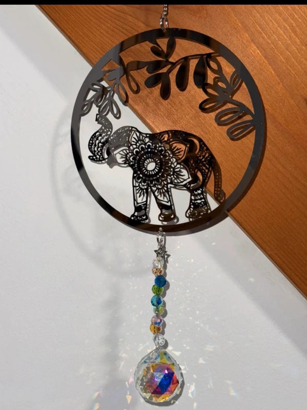 Attrape-soleil éléphant et prismes gouttes en cristal – Décoration zen suncatcher fait main