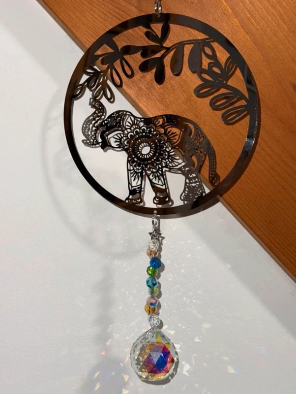Attrape-soleil éléphant et prismes gouttes en cristal – Décoration zen suncatcher fait main