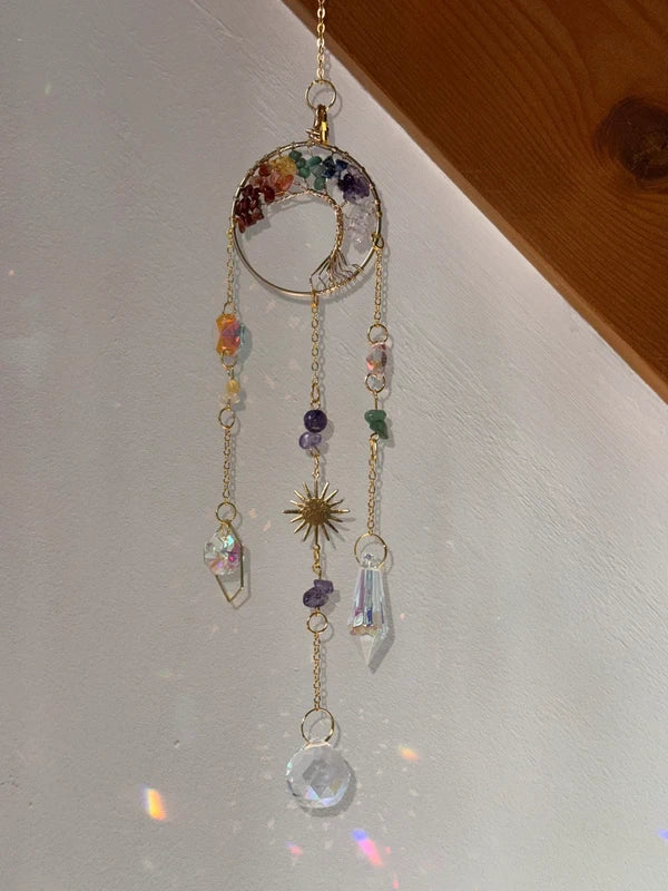 Attrape-soleil arbre de vie et pierres des chakras en cristal – Suncatcher fait main décoration fenêtre spirituelle
