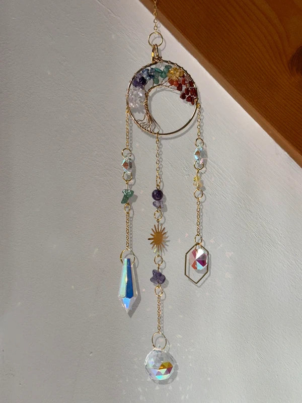 Attrape-soleil arbre de vie et pierres des chakras en cristal – Suncatcher fait main décoration fenêtre spirituelle