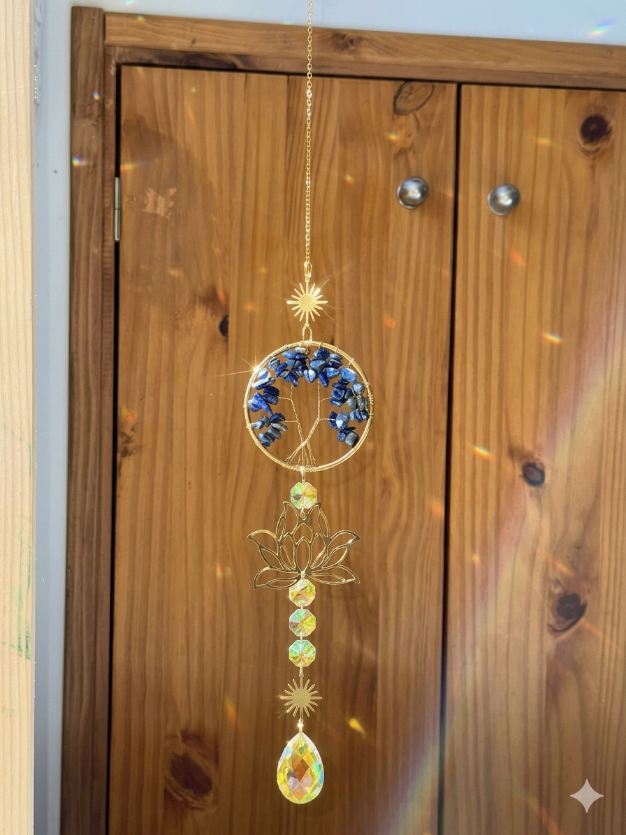 Attrape-soleil arbre de vie en lapis lazuli et fleur de lotus dorée – Suncatcher fait main décoration bien-être