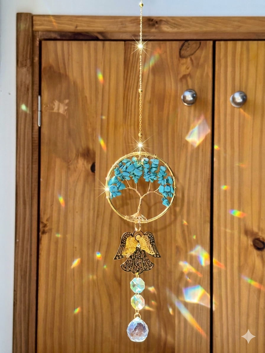 Attrape-soleil arbre de vie en pierres turquoise et ange doré – Suncatcher fait main décoration bien-être