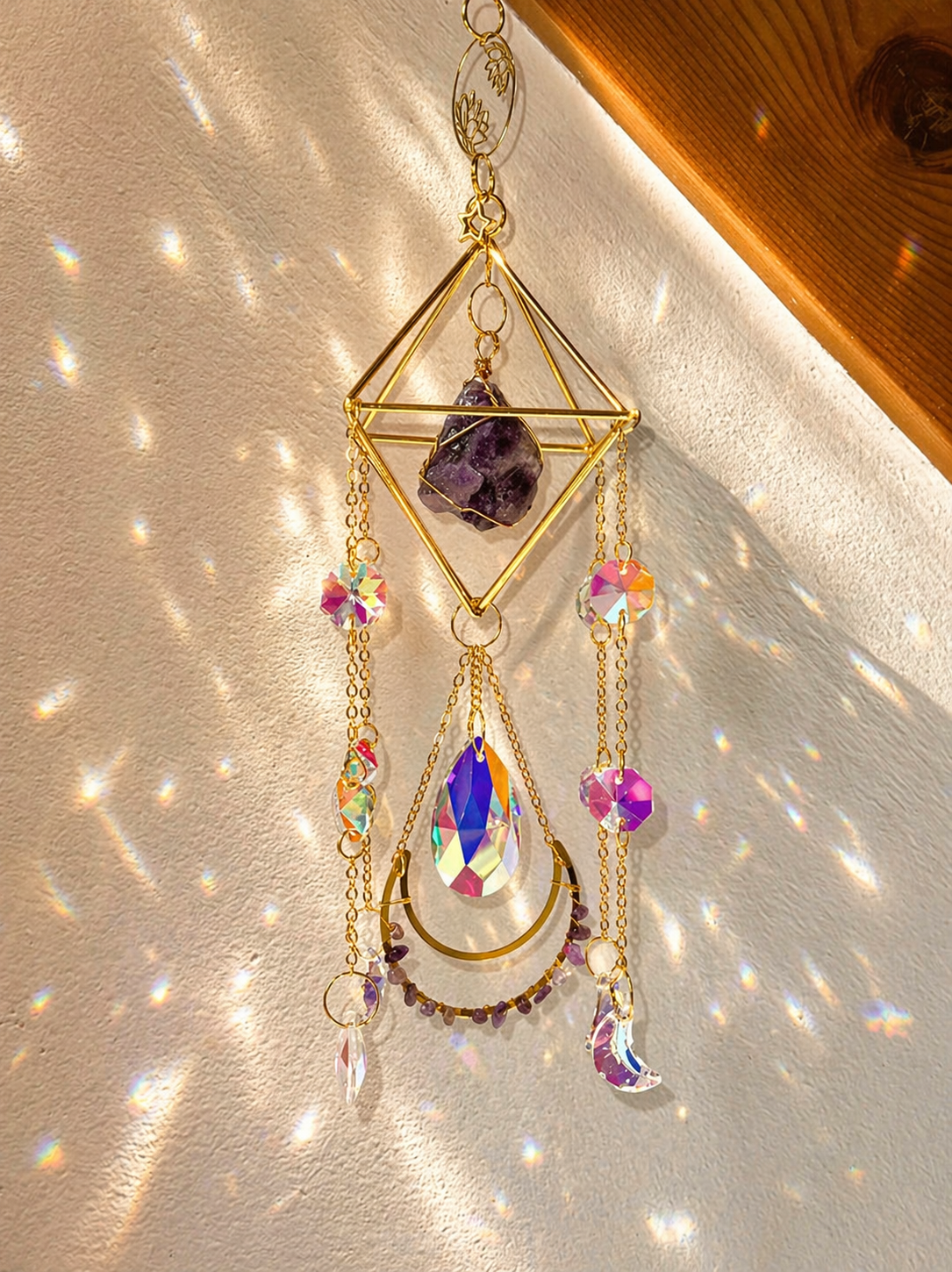 Attrape-soleil doré et améthyste en cristal – Suncatcher fait main élégance et sérénité spirituelle