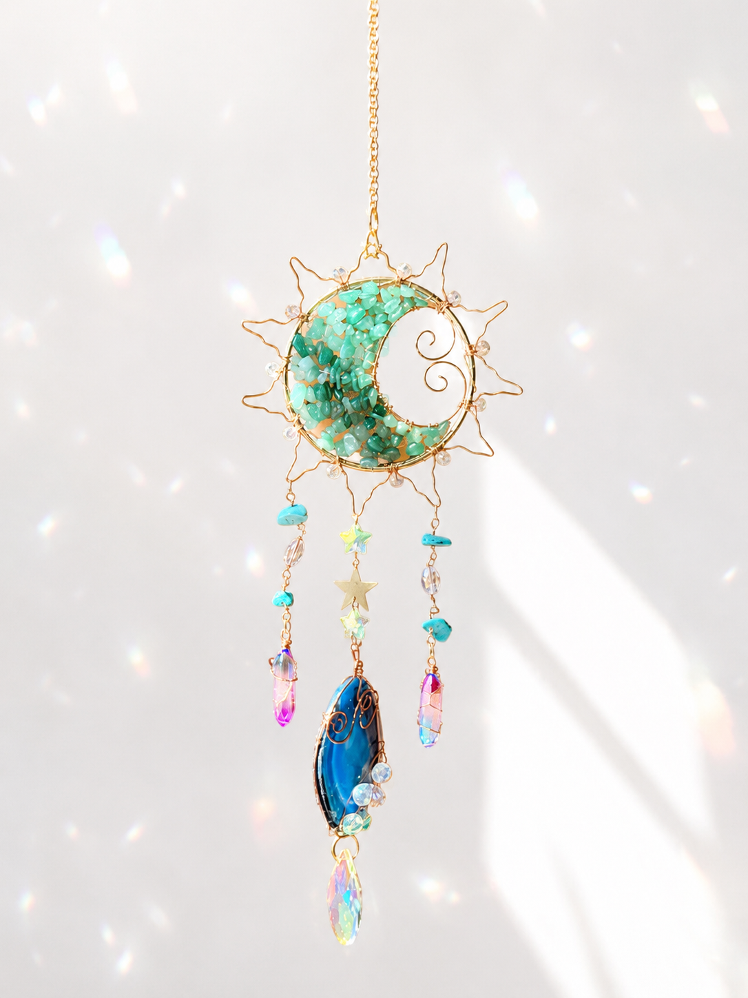 Attrape-soleil soleil flamboyant en pierres d’aventurine et cristaux multicolores – Suncatcher fait main décoration bien-être