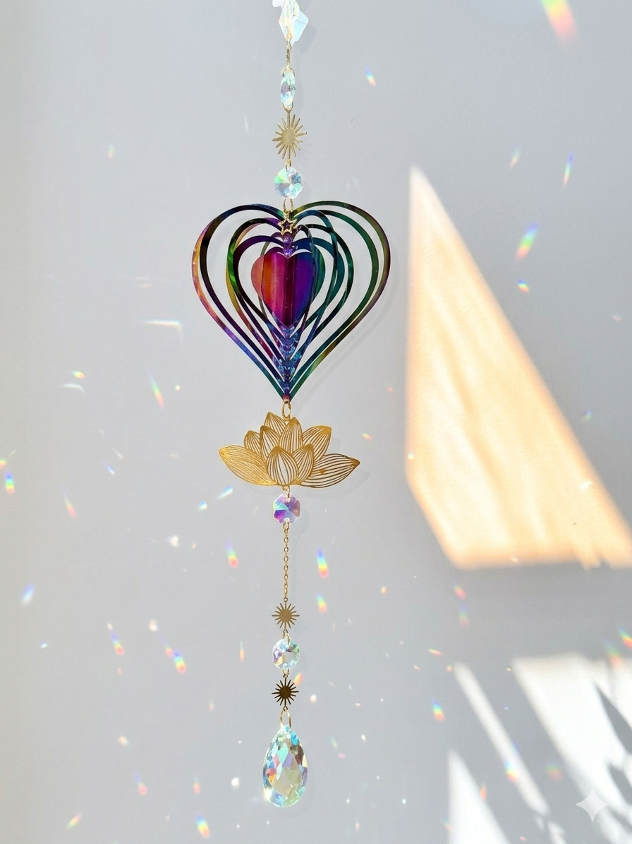 Attrape-soleil cœur et fleur de lotus – Amour, pureté et lumière irisée – Suncatcher fait main