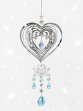 Attrape-soleil grand cœur argenté en relief et fleur de lotus – Suncatcher fait main décoration bien-être