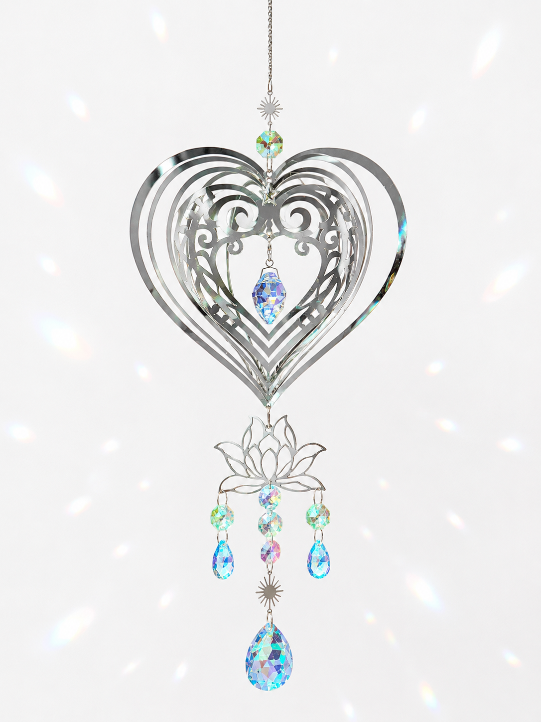Attrape-soleil grand cœur argenté en relief et fleur de lotus – Suncatcher fait main décoration bien-être