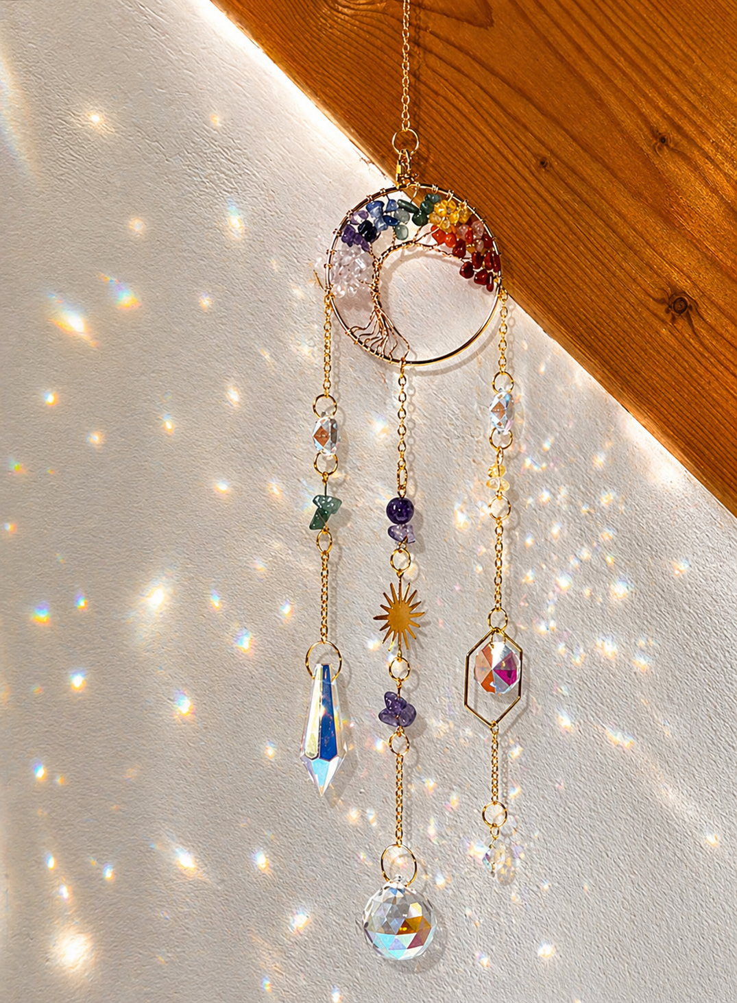 Attrape-soleil arbre de vie et pierres des chakras en cristal – Suncatcher fait main décoration fenêtre spirituelle