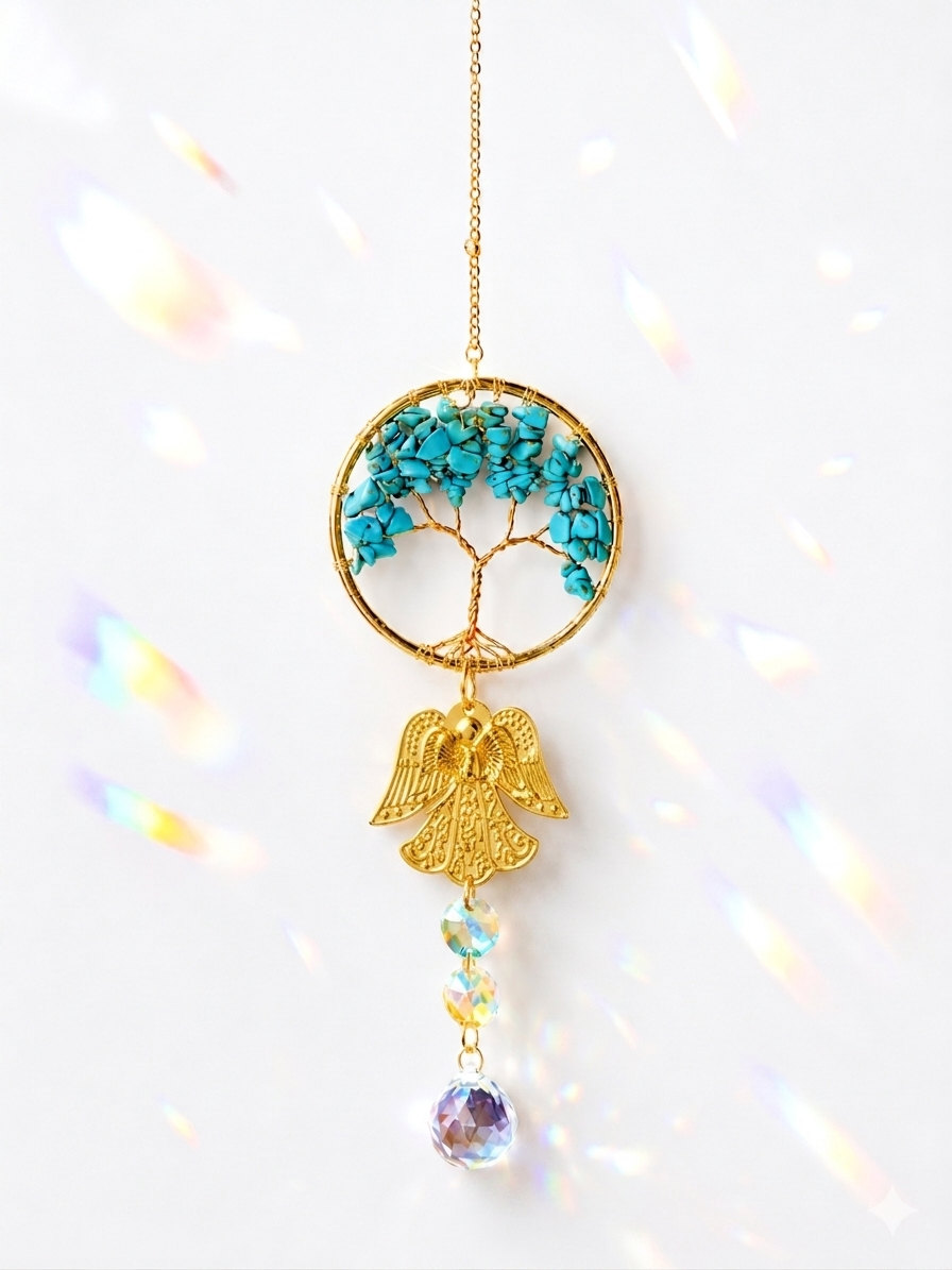 Attrape-soleil arbre de vie en pierres turquoise et ange doré – Suncatcher fait main décoration bien-être