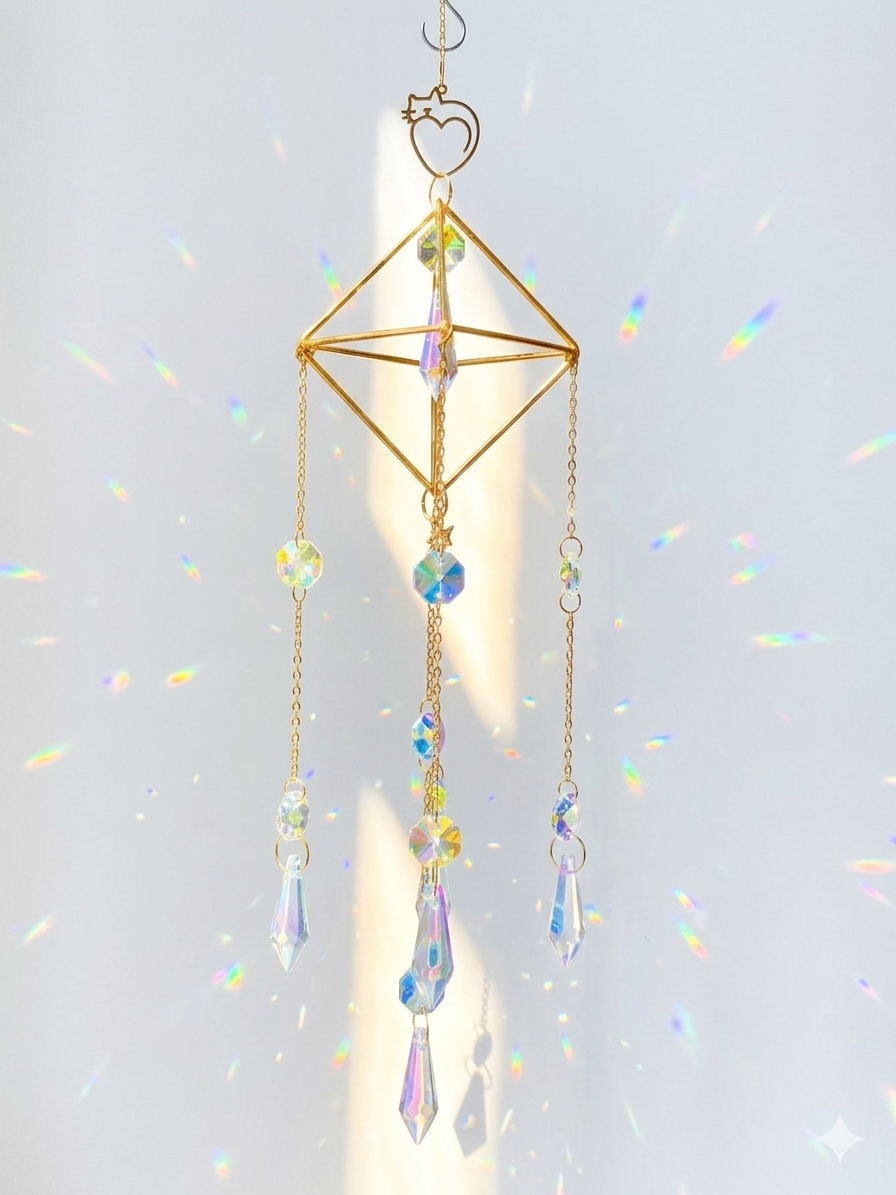 Attrape-soleil cage dorée et chat cœur – Suncatcher fait main décoration féerique