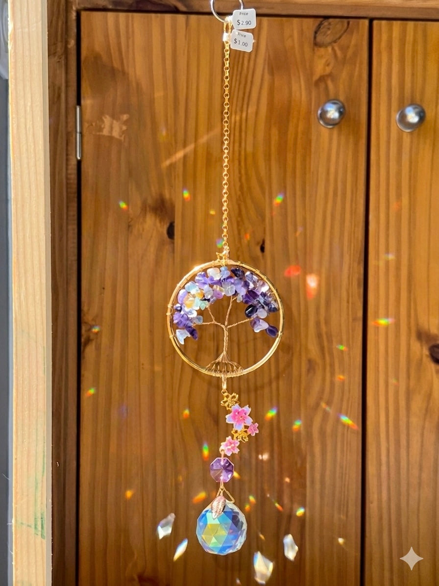 Attrape-soleil arbre de vie en améthyste, quartz rose et fleurs de cerisier – Suncatcher fait main décoration bien-être