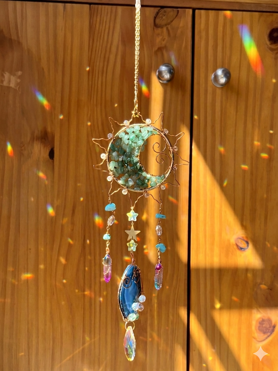 Attrape-soleil soleil flamboyant en pierres d’aventurine et cristaux multicolores – Suncatcher fait main décoration bien-être