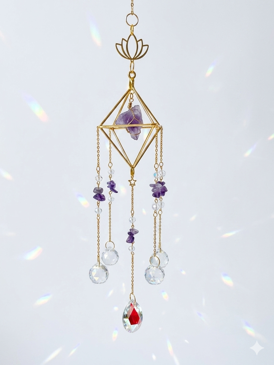 Attrape-soleil cage dorée, fleur de lotus et pierres d’améthyste – Suncatcher fait main décoration bien-être