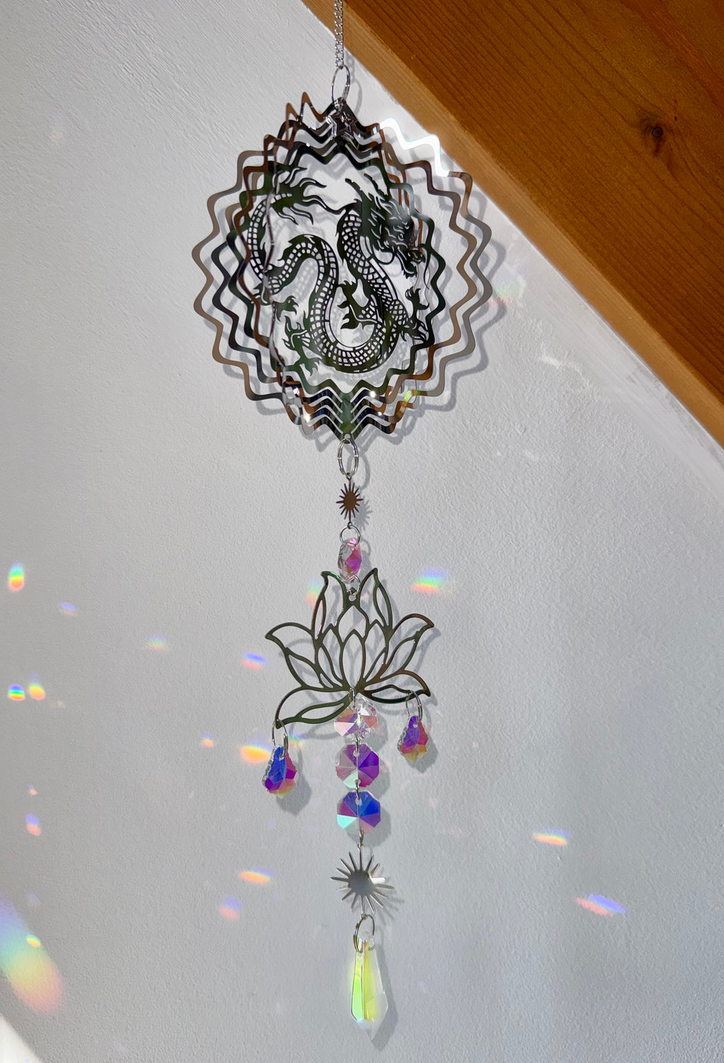 Attrape-soleil dragon et fleur de lotus en cristal – Suncatcher fait main force et harmonie spirituelle
