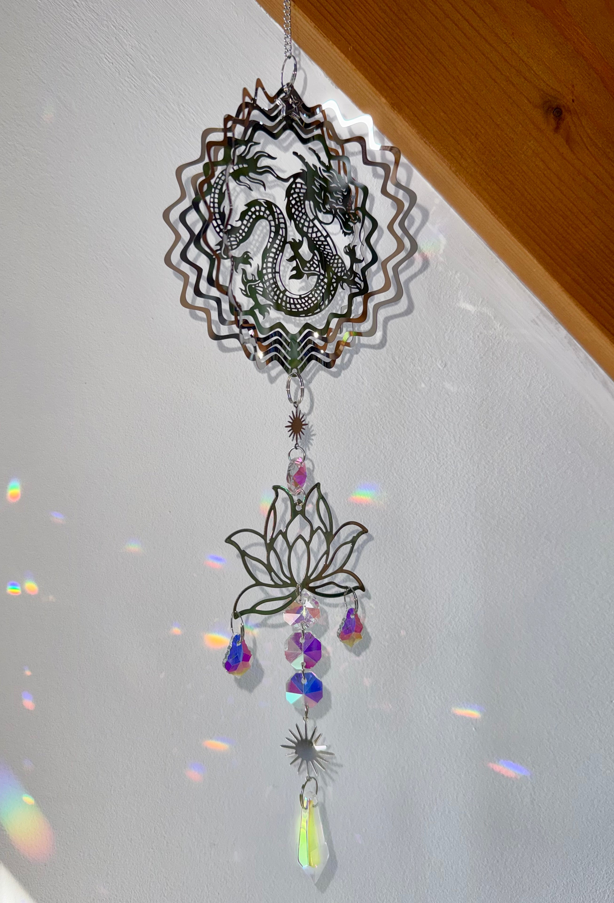 Attrape-soleil dragon et fleur de lotus en cristal – Suncatcher fait main force et harmonie spirituelle