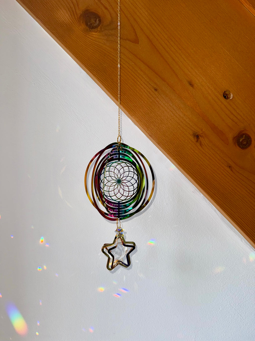 Colorful Mandala Sun Catcher and Golden Crystal Star – Handmade Suncatcher Bright Window Decoration