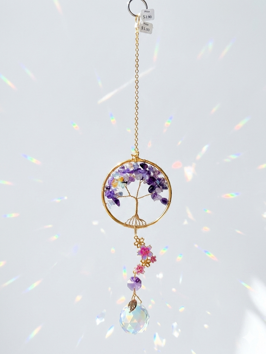 Attrape-soleil arbre de vie en améthyste, quartz rose et fleurs de cerisier – Suncatcher fait main décoration bien-être