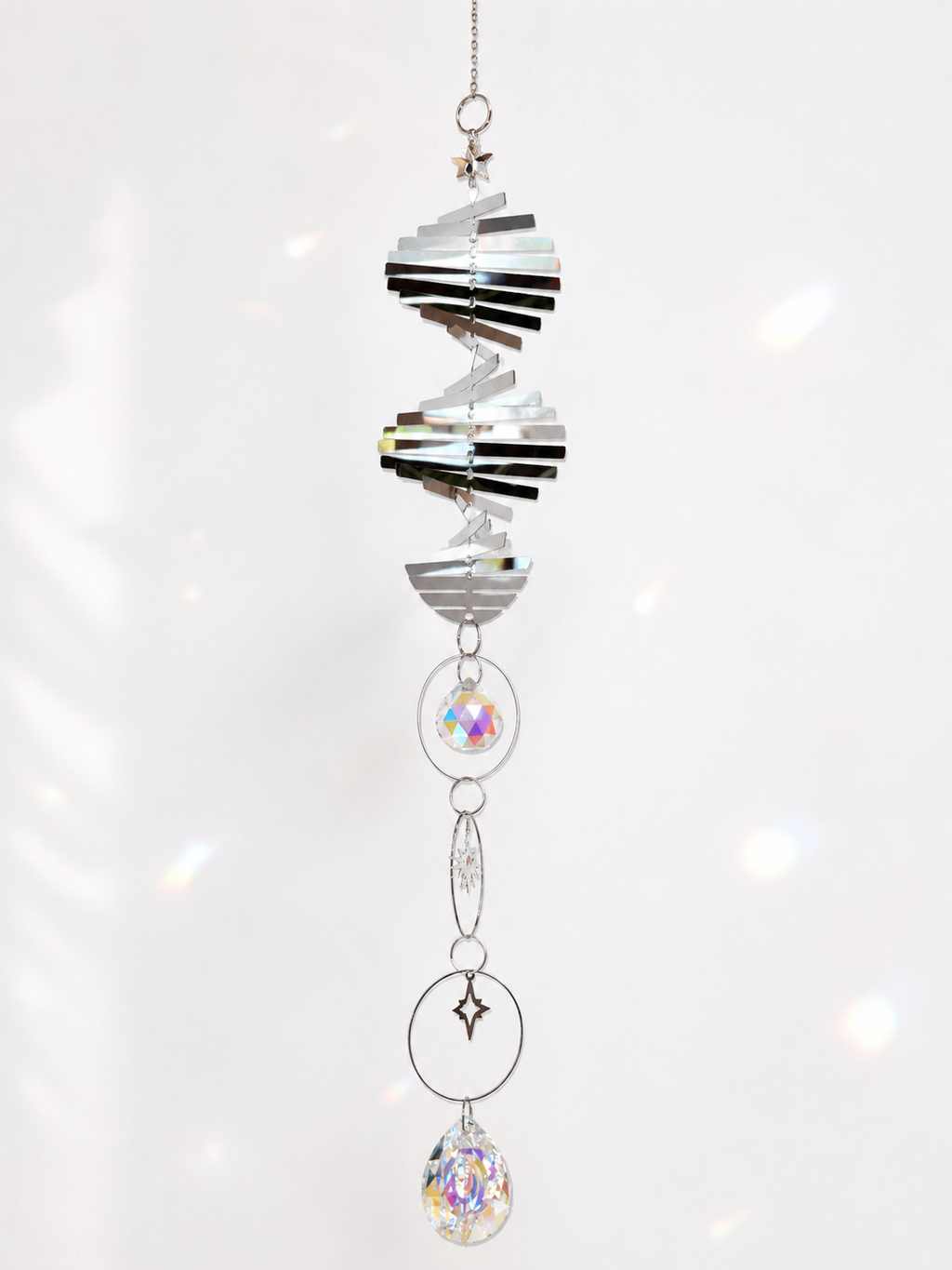 Attrape-soleil spirale argentée, soleil et étoile du Nord – Suncatcher fait main