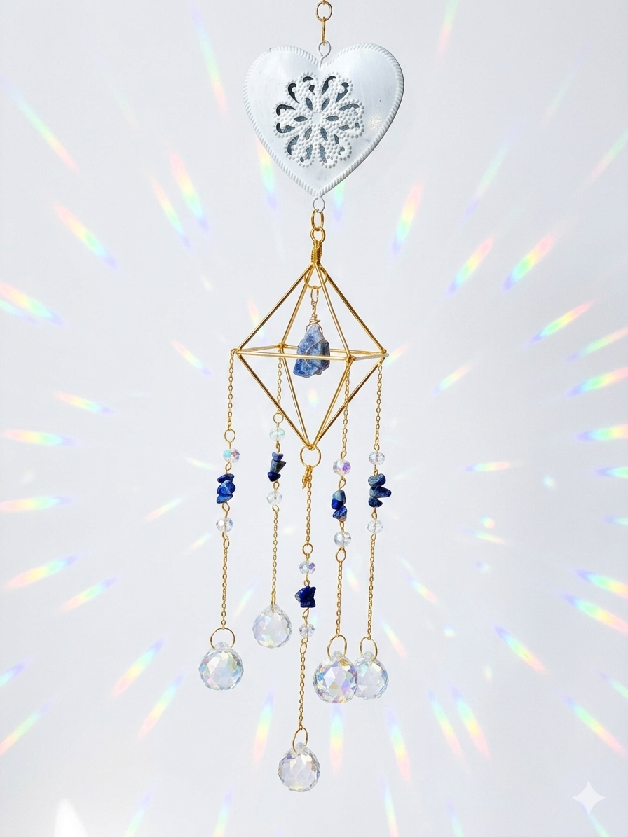 Attrape-soleil cage dorée, cœur blanc et pierres de lapis lazuli – Suncatcher fait main décoration bien-être